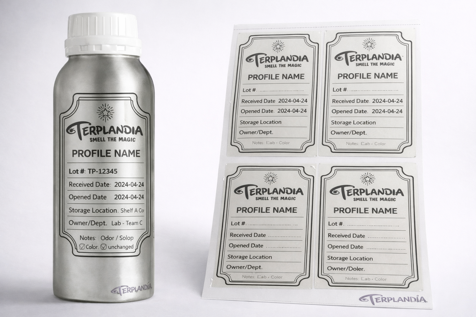 Terplandia terpene storage label template on silver bottle showing lot number, received date, opened date, and tracking fields.