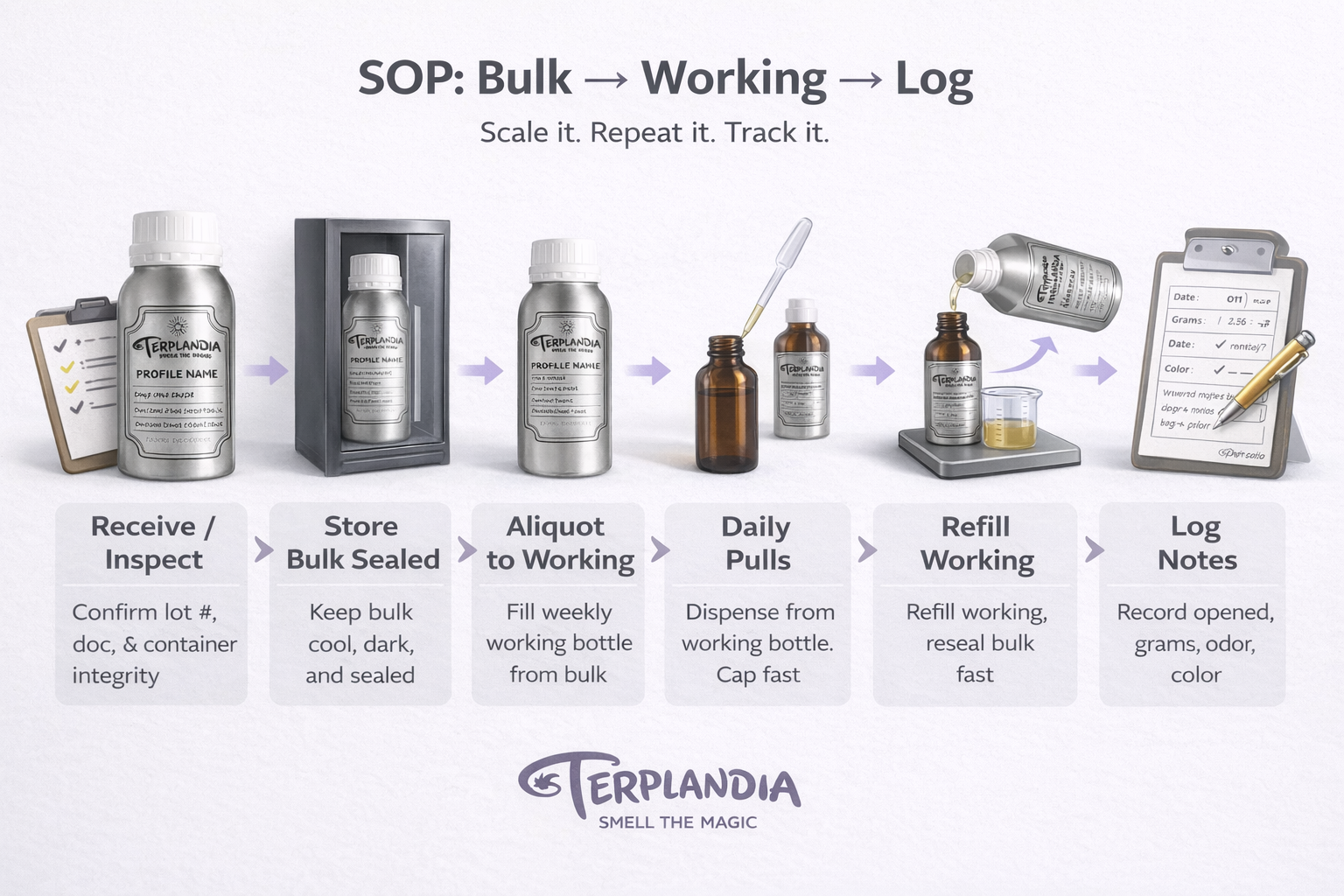 Terpene storage SOP flowchart showing receive, store bulk sealed, aliquot to working bottle, daily pulls, refill, and log notes.
