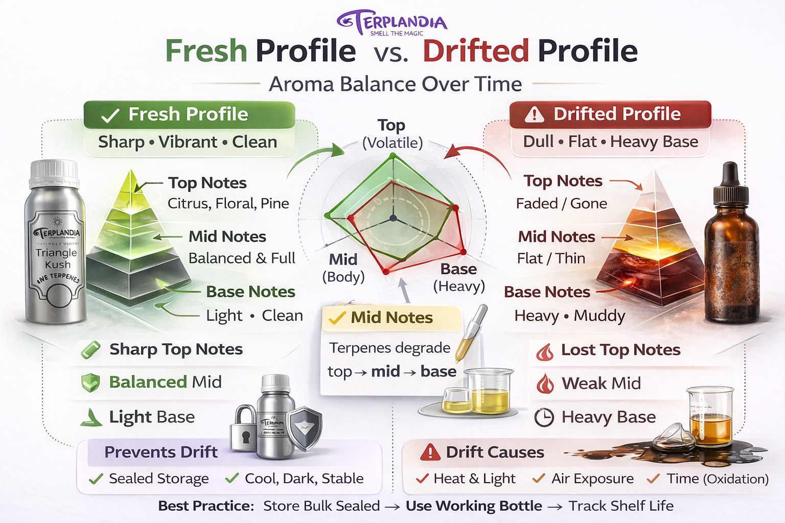 Terpene storage infographic comparing fresh profile vs drifted profile with radar chart and aroma note breakdown.