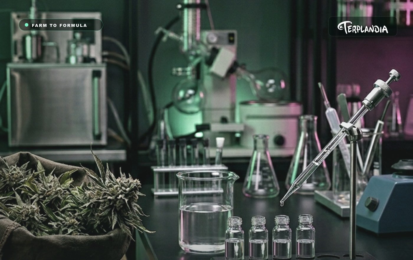 Cannabis-derived terpenes supply chain from source material to clear sample vials on a formulation bench.
