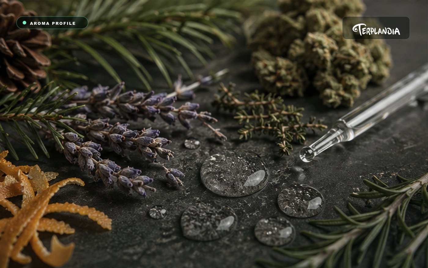 Natural aroma cues for cannabis-derived terpenes including pine, citrus, herbs, and clear droplets near cannabis flower.