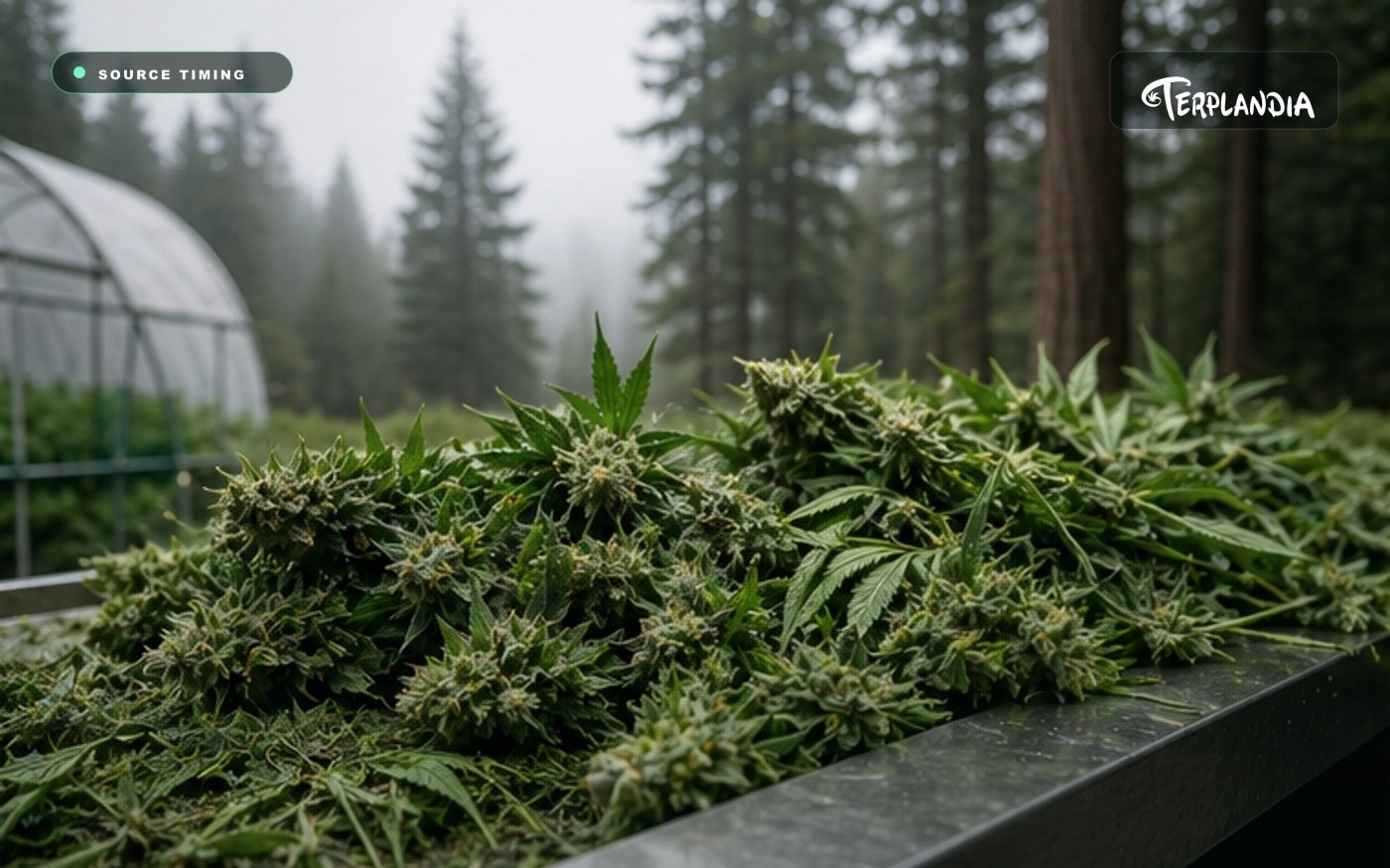 Fresh cannabis flower and trim on a clean harvest table near Humboldt redwoods for cannabis terpene extraction.