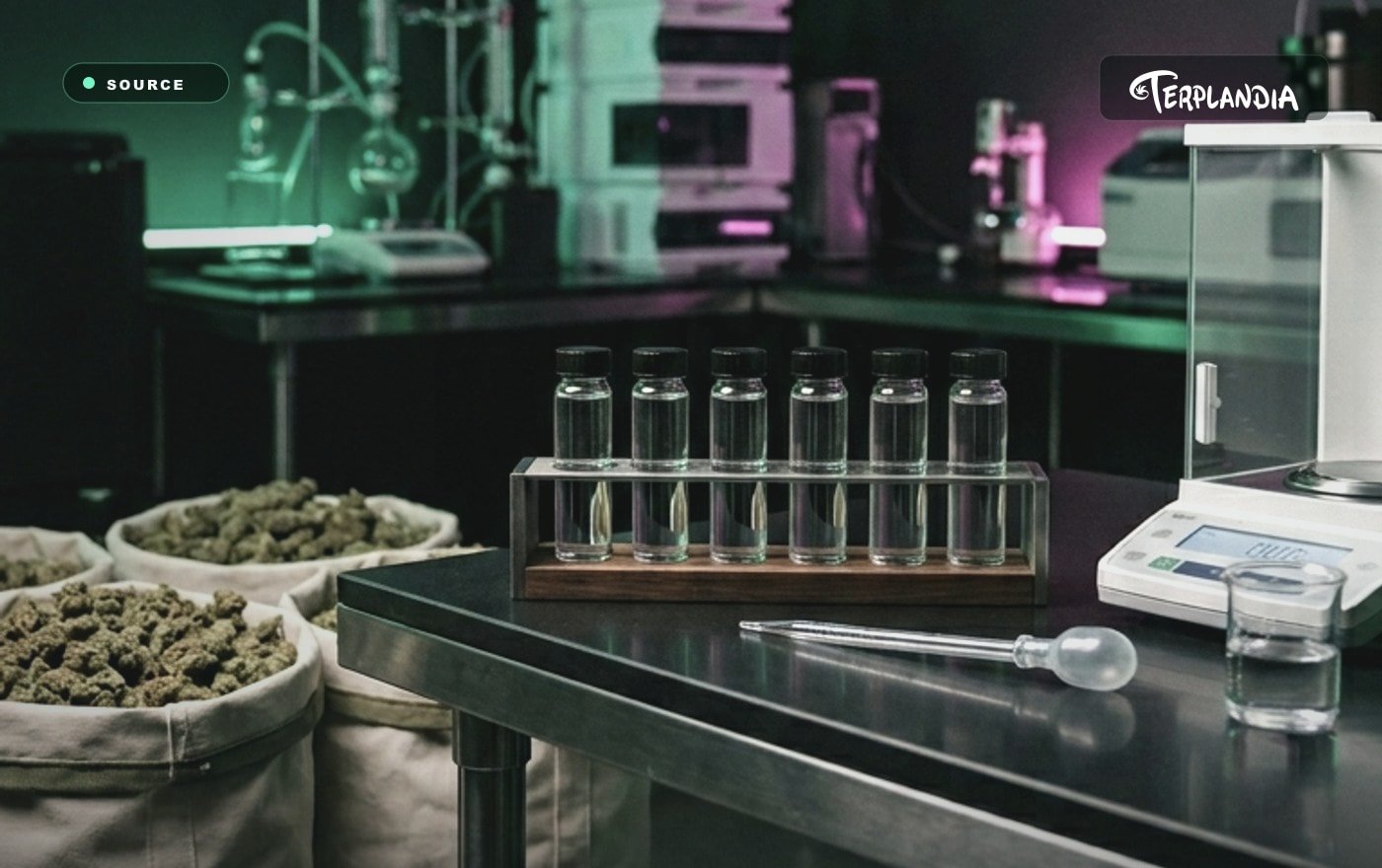 Cannabis source material and clear terpene sample vials showing the first checkpoint in a cannabis-derived terpene supply chain.