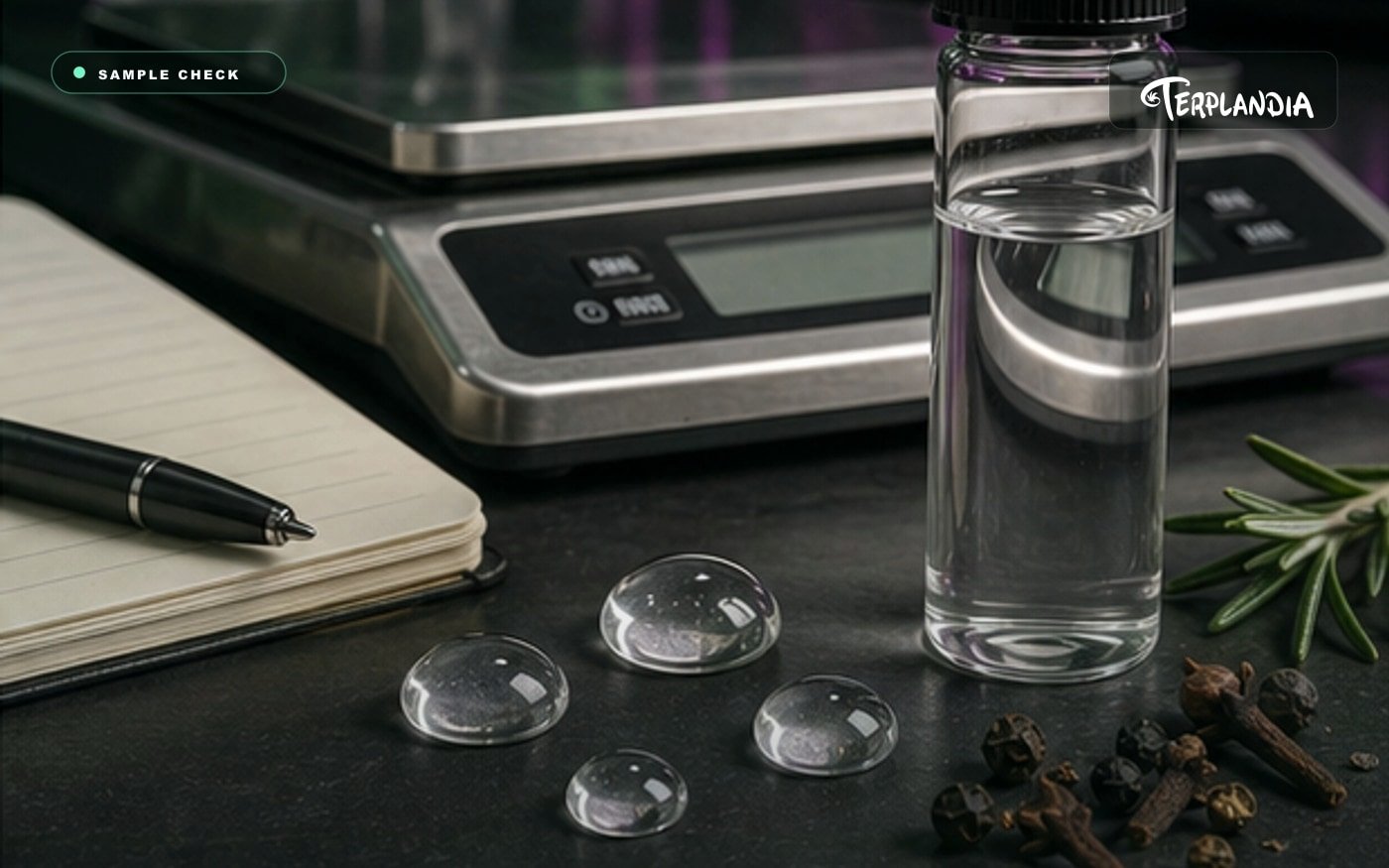 Water-clear caryophyllene terpene sample vial with formulation scale, blank notebook, peppercorns, and rosemary.