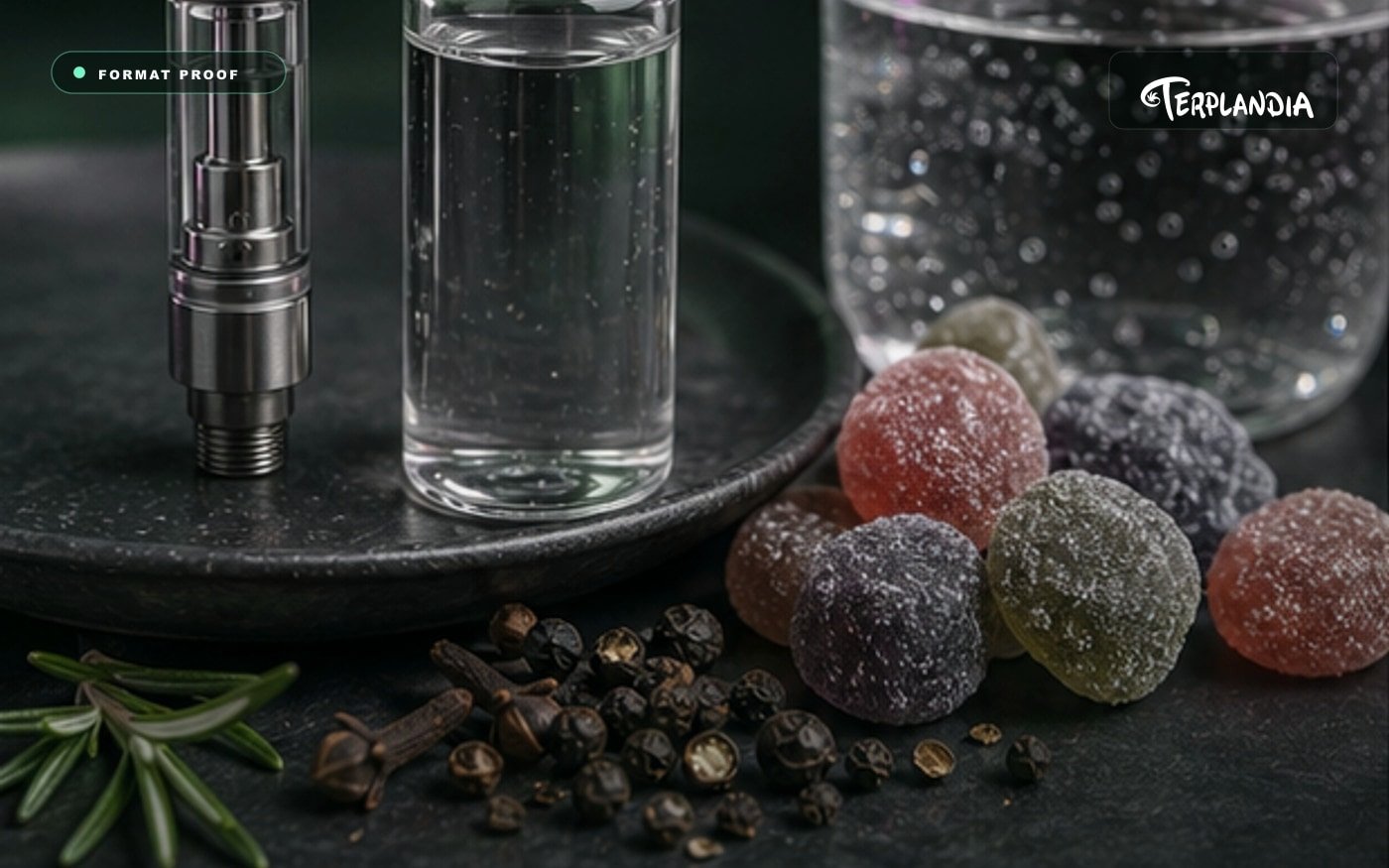 Caryophyllene terpene product-format proof with clear sample vial, neutral vape hardware, beverage, and edible cues.