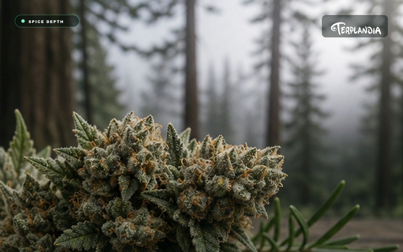 Cannabis flower with peppercorns, cloves, rosemary, and Humboldt redwood cues for a caryophyllene terpene profile.