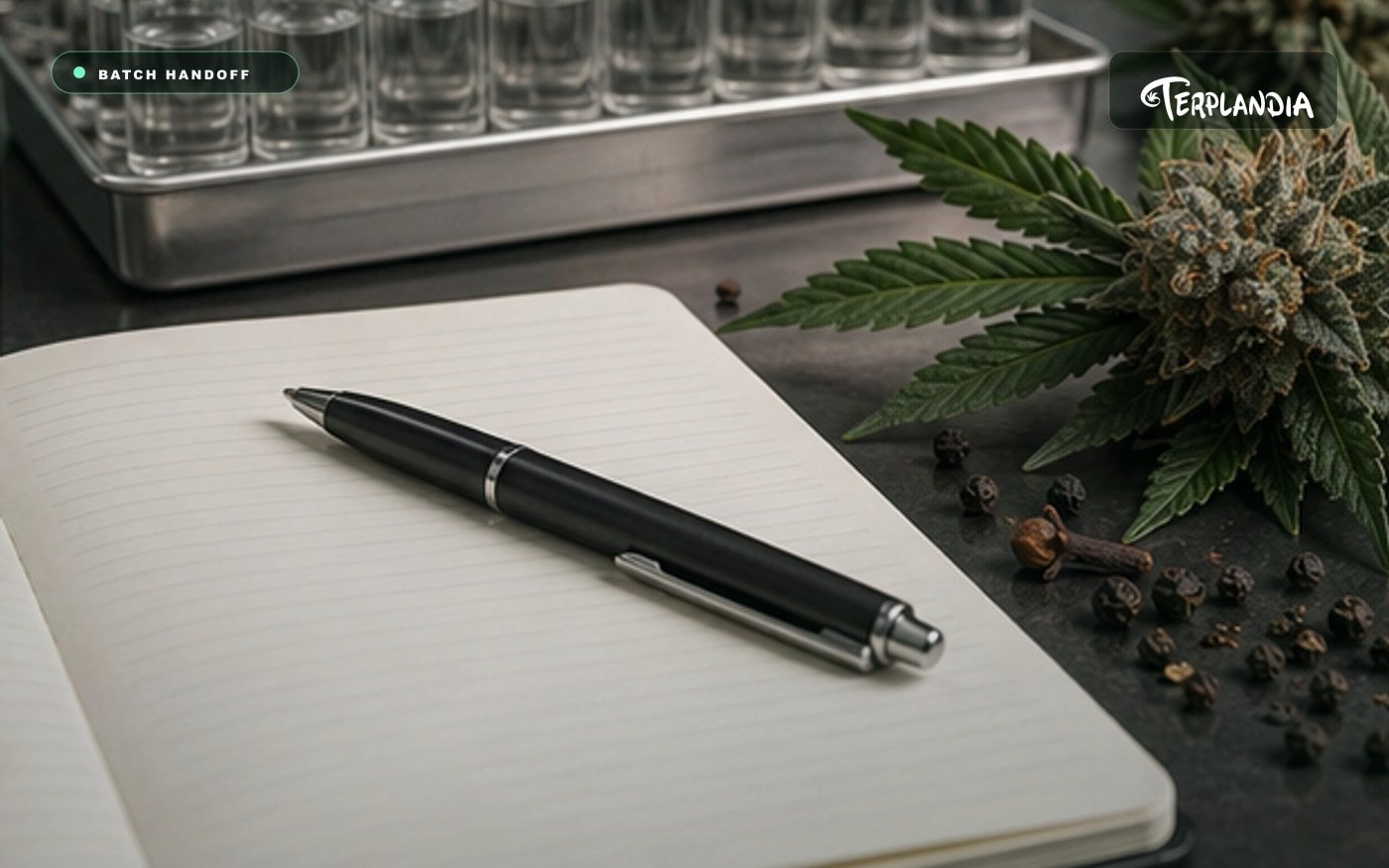 Caryophyllene terpene QA handoff with tray of clear sample vials, blank notebook, peppercorns, and cannabis flower.
