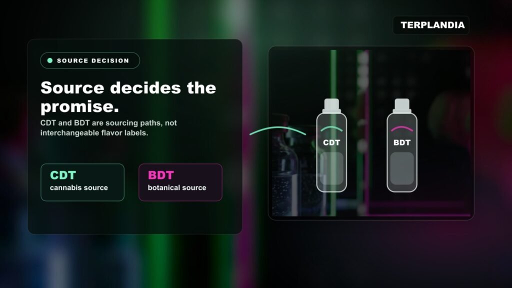 Side-by-side CDT and BDT sourcing decision visual with clear sample vials for understanding the CDT vs BDT terpenes difference.