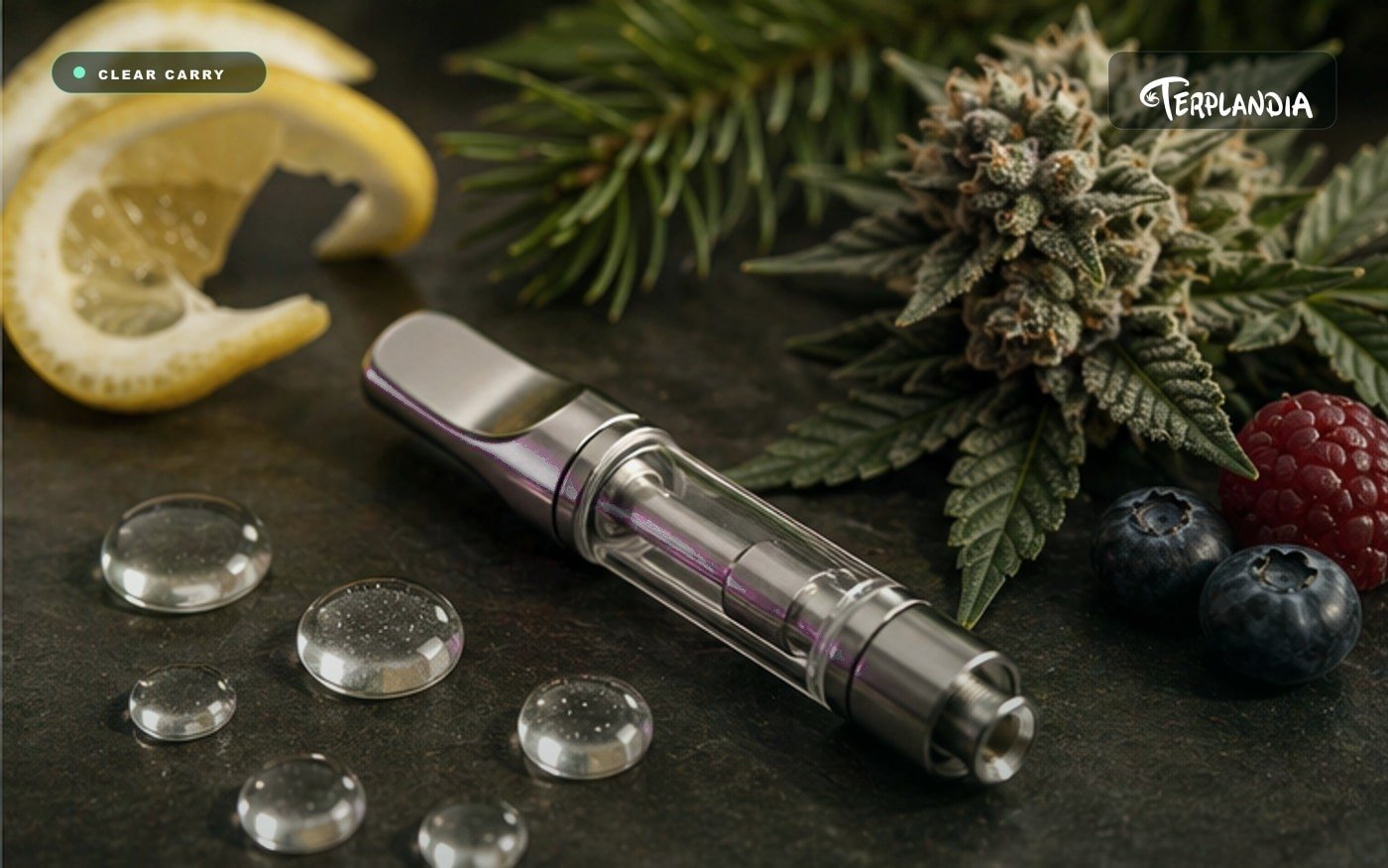 Clear vape cartridge hardware with colorless terpene droplets and natural aroma cues for cannabis vape cart formulation.