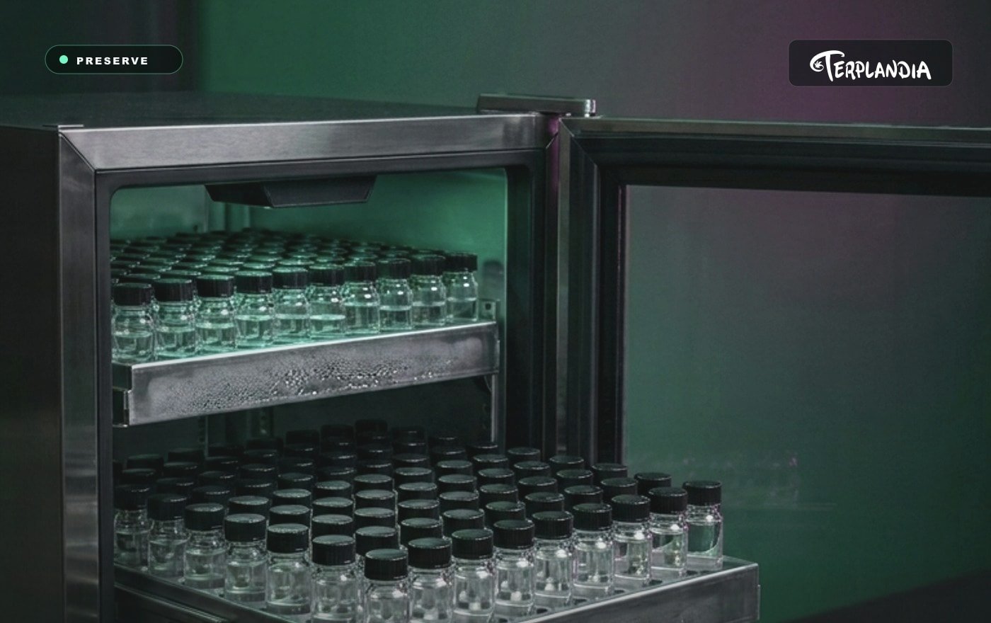 Clear cannabis-derived terpene vials in cold dark storage to protect volatile aroma compounds before formulation.