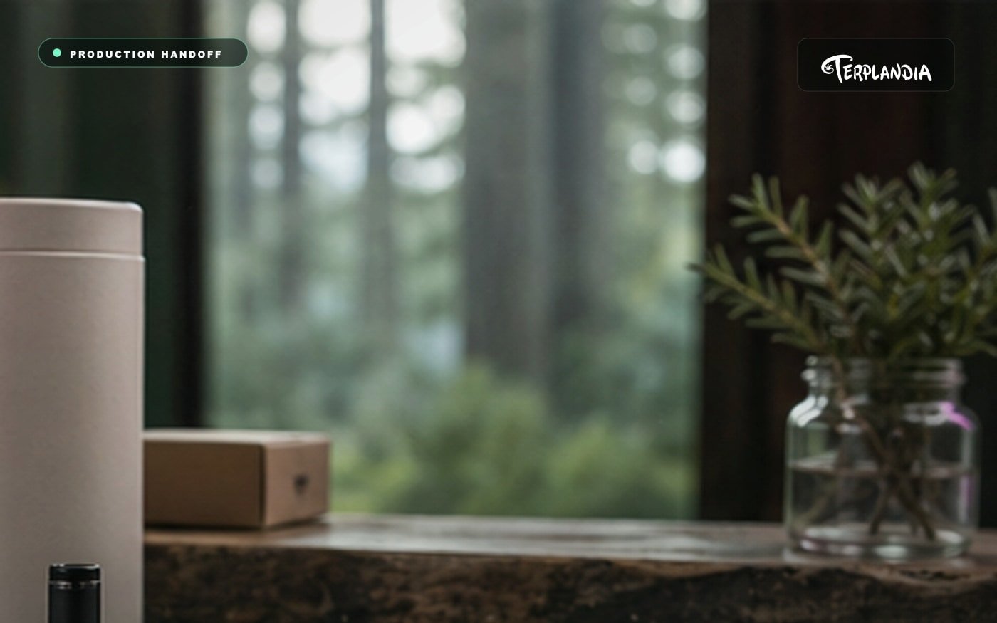 Distillate terpene production handoff with clear sample vial, vape hardware, blank notebook, and unbranded packaging mockups.