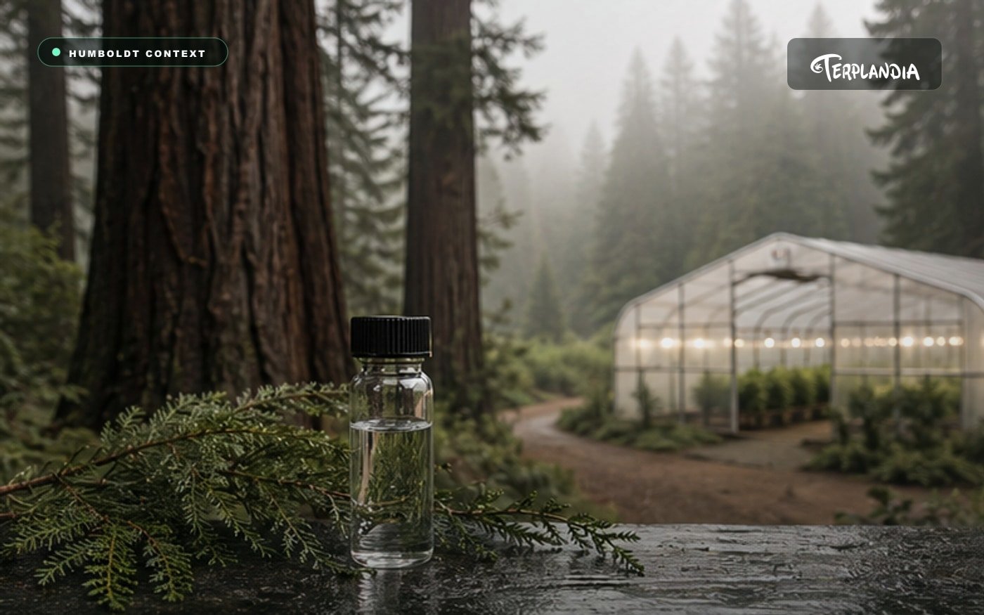 Humboldt redwoods and a greenhouse setting for cannabis-derived terpenes used in distillate formulation.