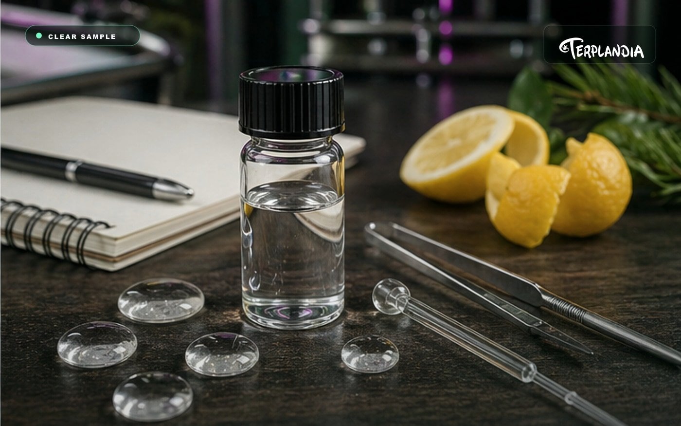Water-clear limonene terpene sample vial with formulation tools, blank notebook, lemon peel, and citrus leaves.