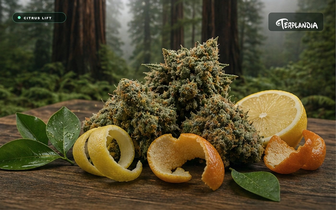 Cannabis flower with lemon and orange peel near Humboldt redwoods for a limonene terpene cannabis profile.