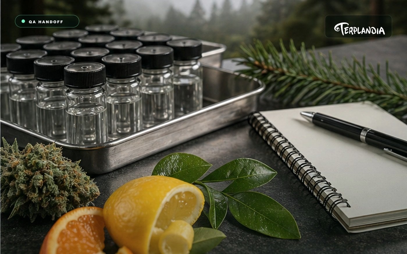 Limonene terpene QA handoff with clear sample vials, blank notebook, citrus peel, cannabis flower, and Humboldt greenery.