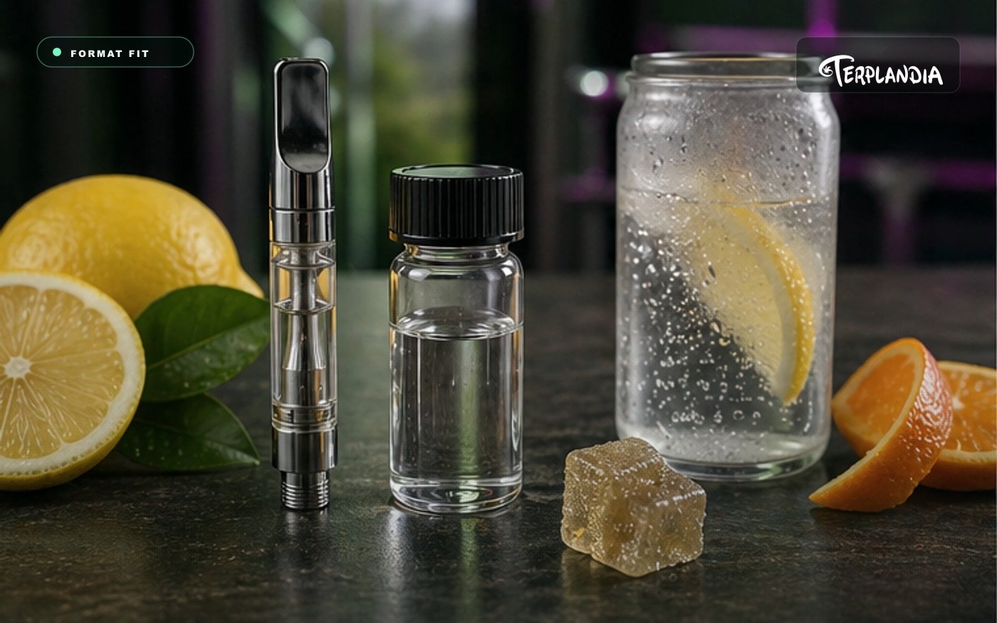 Limonene terpene product-format proof with clear sample vial, neutral vape hardware, beverage cue, and citrus peel.