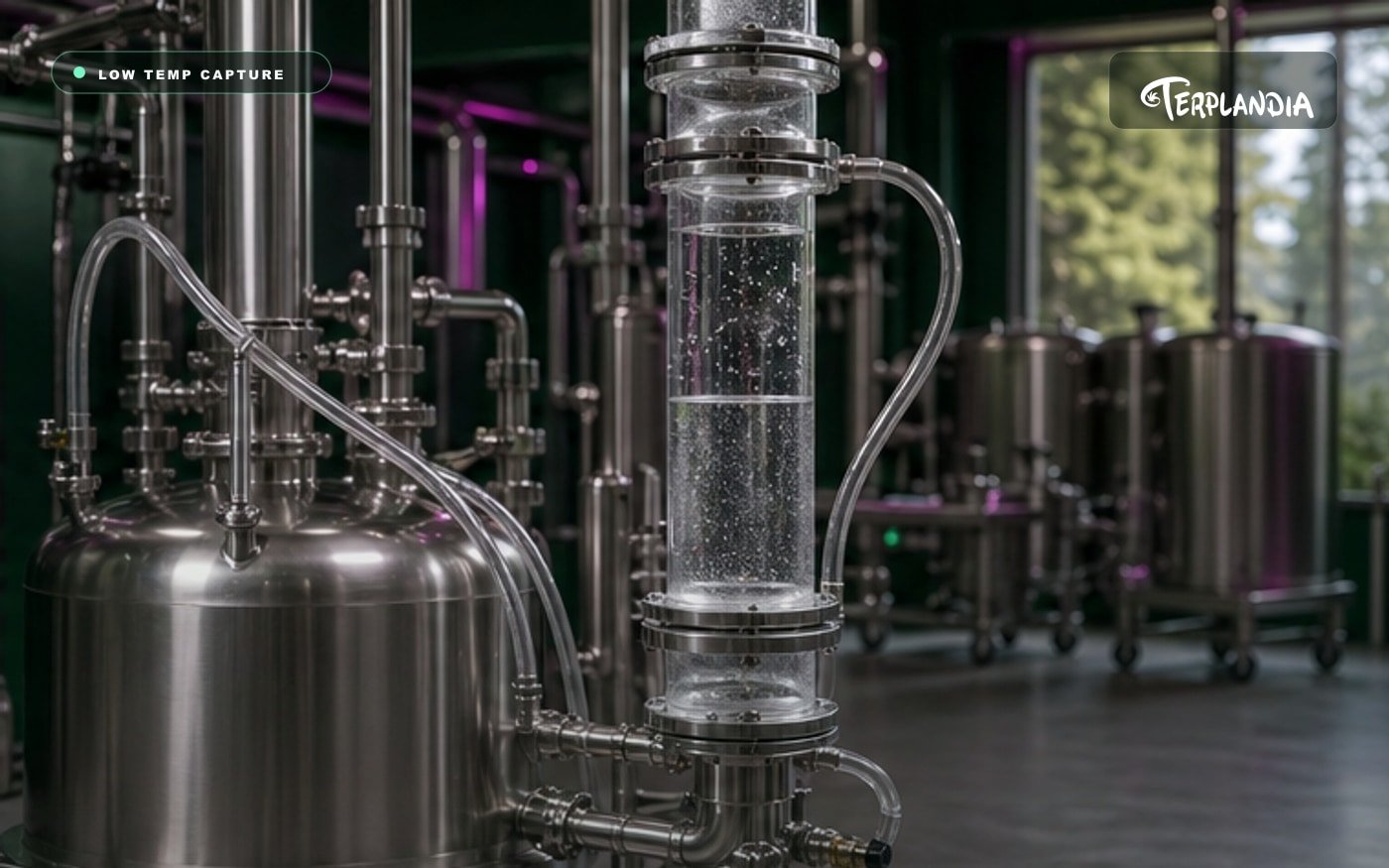 Clean stainless cannabis terpene extraction and distillation equipment used for low-temperature aroma capture.