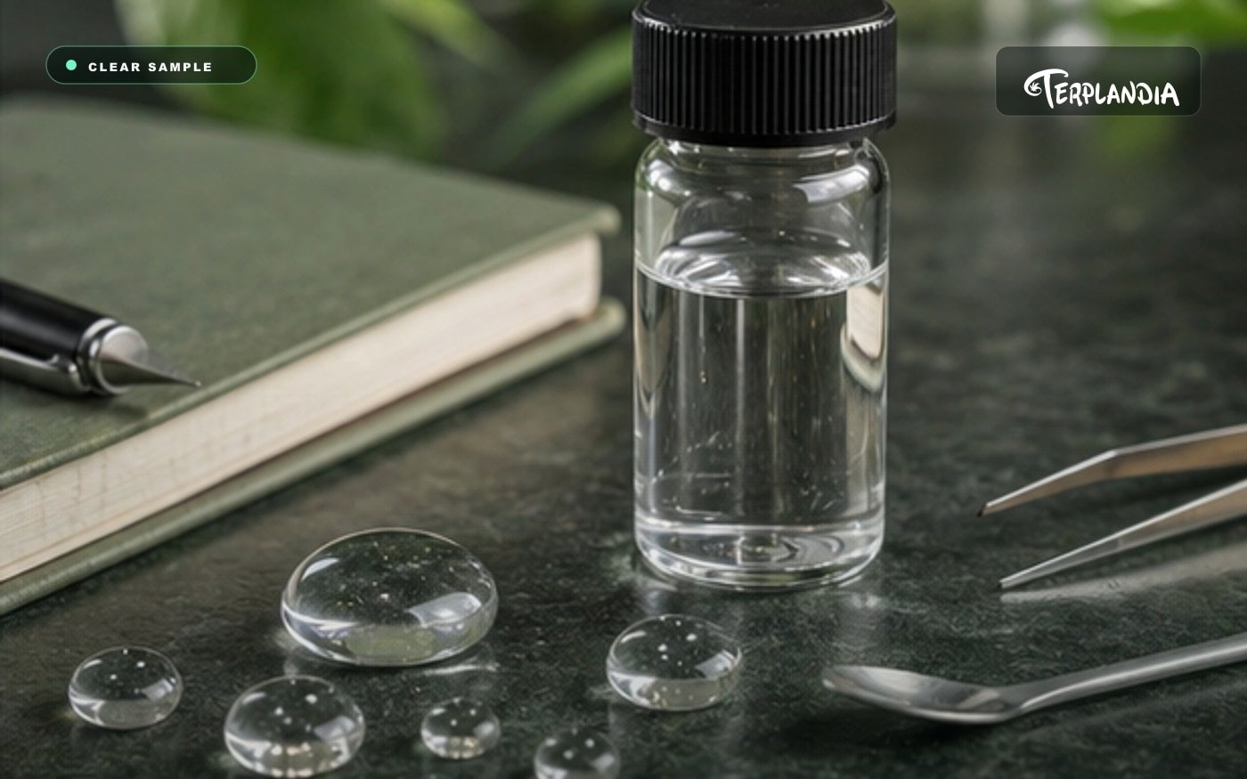 Water-clear myrcene terpene sample vial with formulation tools and blank notebook on a clean bench.