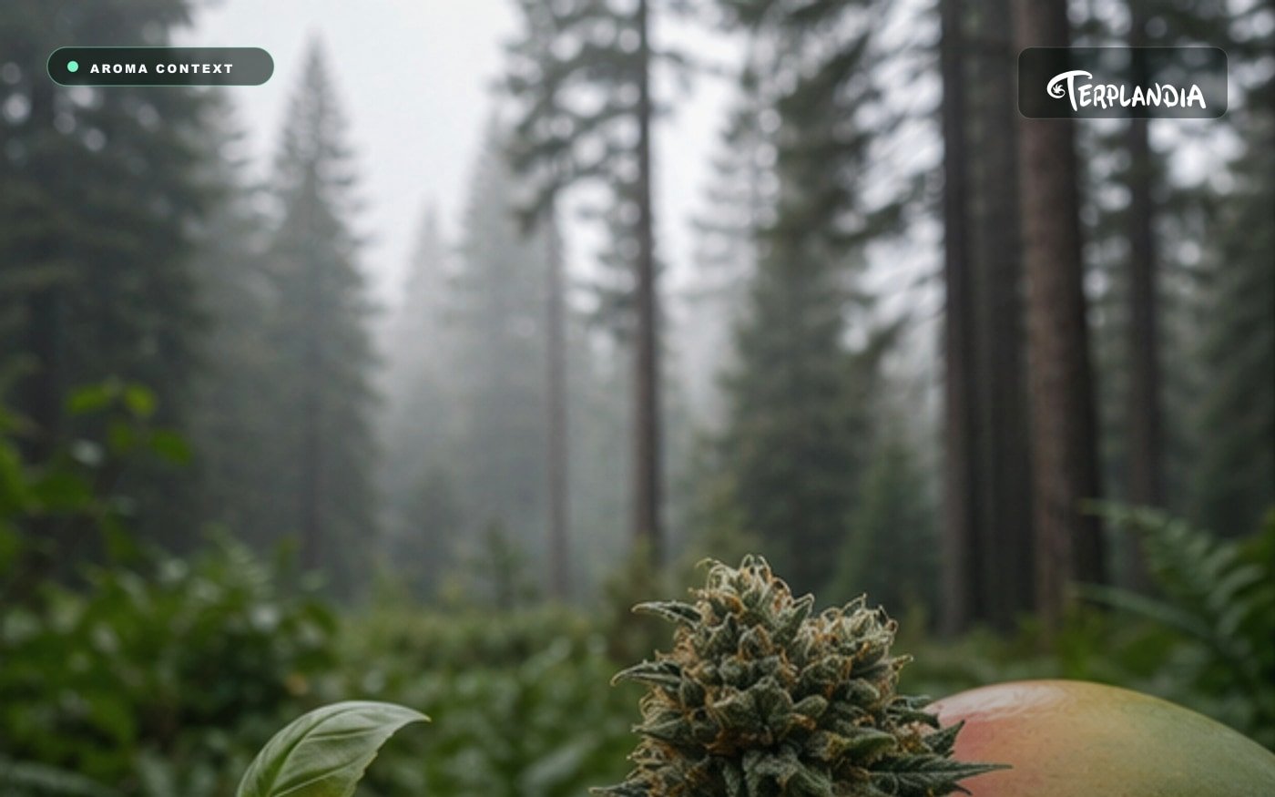 Cannabis flower with mango and herbal aroma cues near Humboldt redwoods for a myrcene terpene profile.