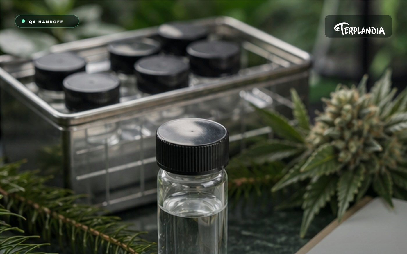 Myrcene terpene QA handoff with clear vial, sealed sample tray, blank notebook, and Humboldt botanical cues.