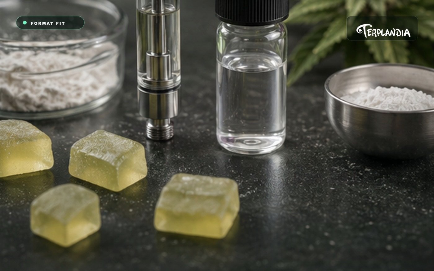 Myrcene terpene formulation context with clear sample vial, neutral vape hardware, and edible production cues.