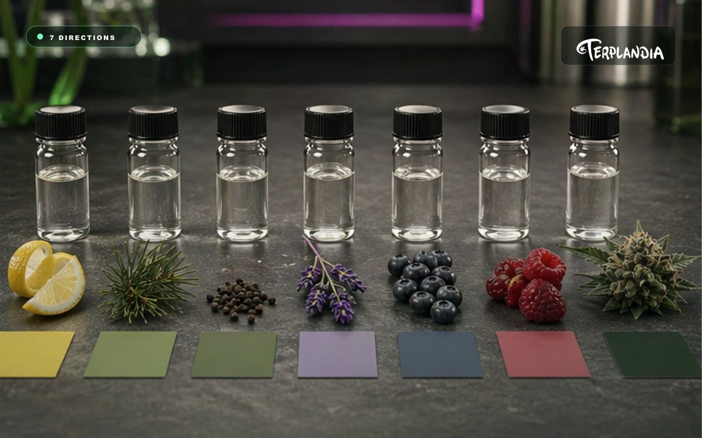 Seven clear terpene sample vials arranged with aroma cues for vape cart profile selection.