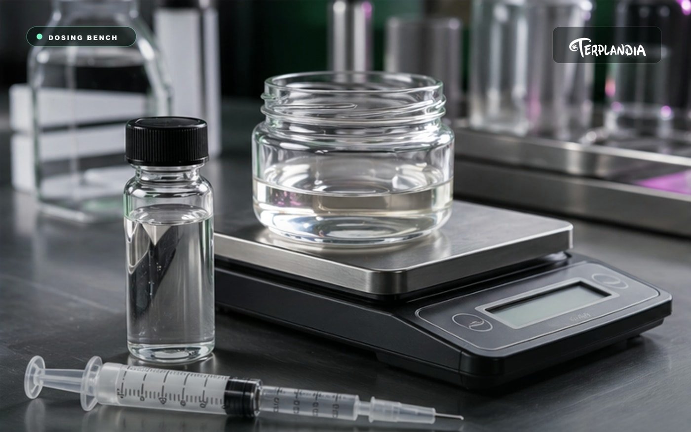 Weight-based dosing of cannabis-derived terpenes into distillate using a precision scale, clear terpene vial, and syringe.