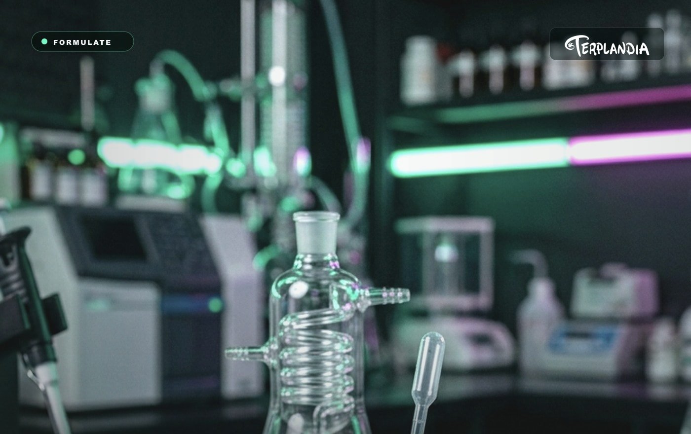 Clear terpene sample vials and vape hardware on a formulation bench for brand handoff testing.