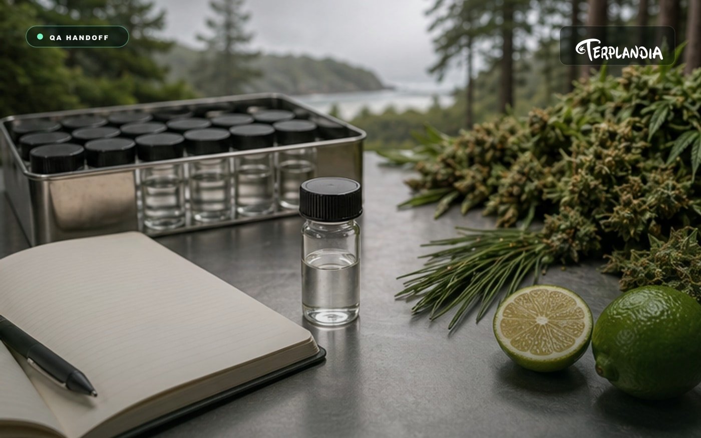 Cannabis terpene QA handoff with clear sample vial, blank notebook, sealed sample tray, and Humboldt botanical cues.
