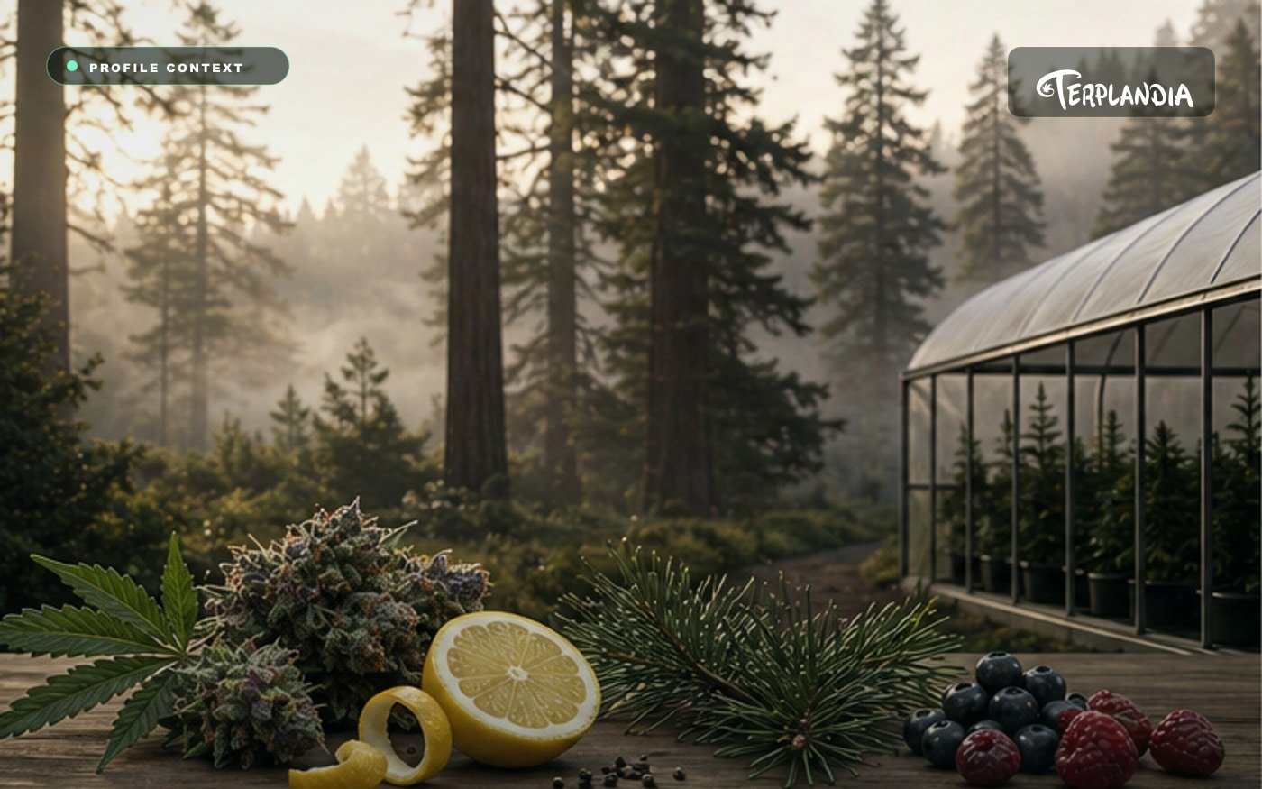 Humboldt redwoods, cannabis flower, citrus, berries, and pine used to plan vape cart terpene flavor profiles.