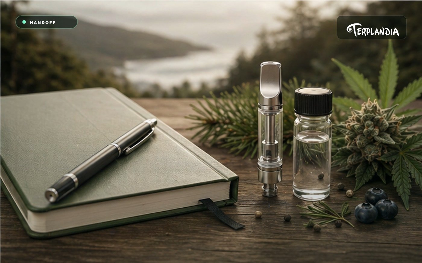 Vape cart terpene profile handoff with blank notebook, clear sample vial, cartridge hardware, and Humboldt botanical cues.