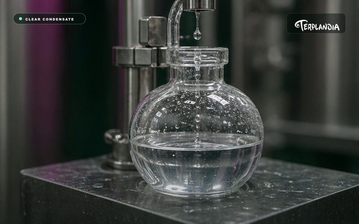 Water-clear terpene condensate collecting in glass during a cannabis terpene extraction process.