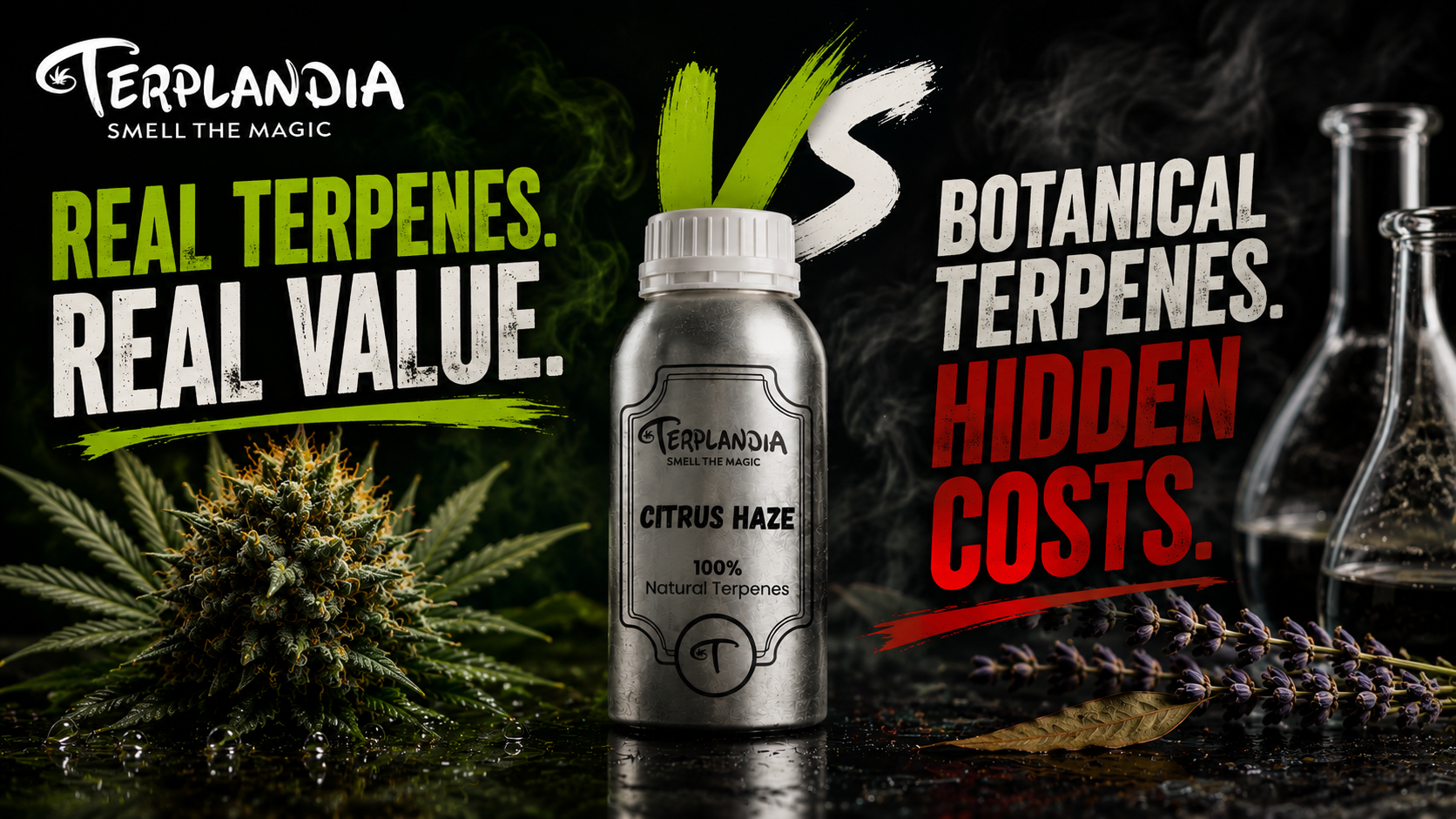 Real cannabis terpenes shown as one plant source and one water-clear sample beside a complex botanical ingredient stack.