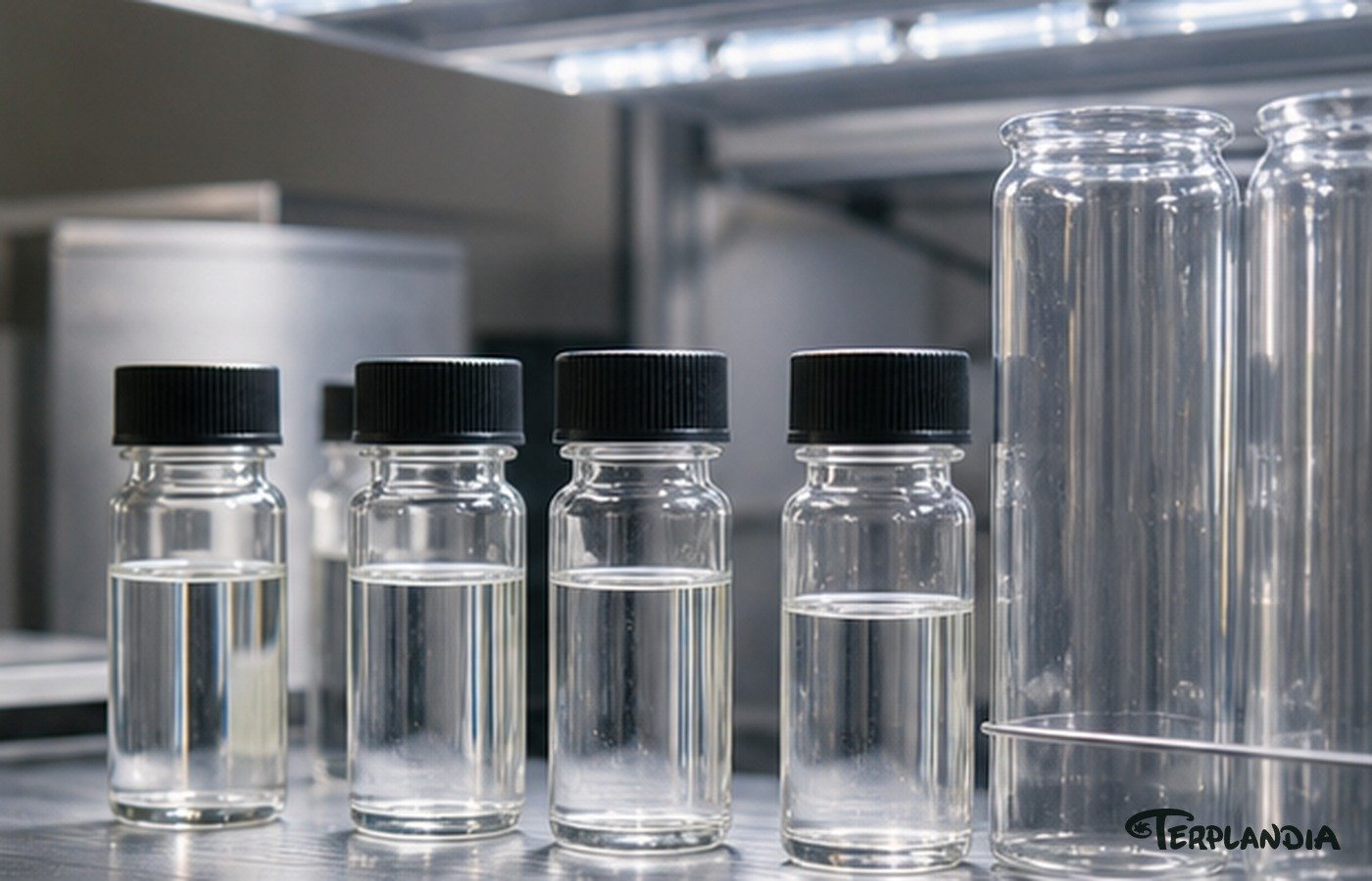 Clear terpene sample vials staged under cool light for accelerated stability testing