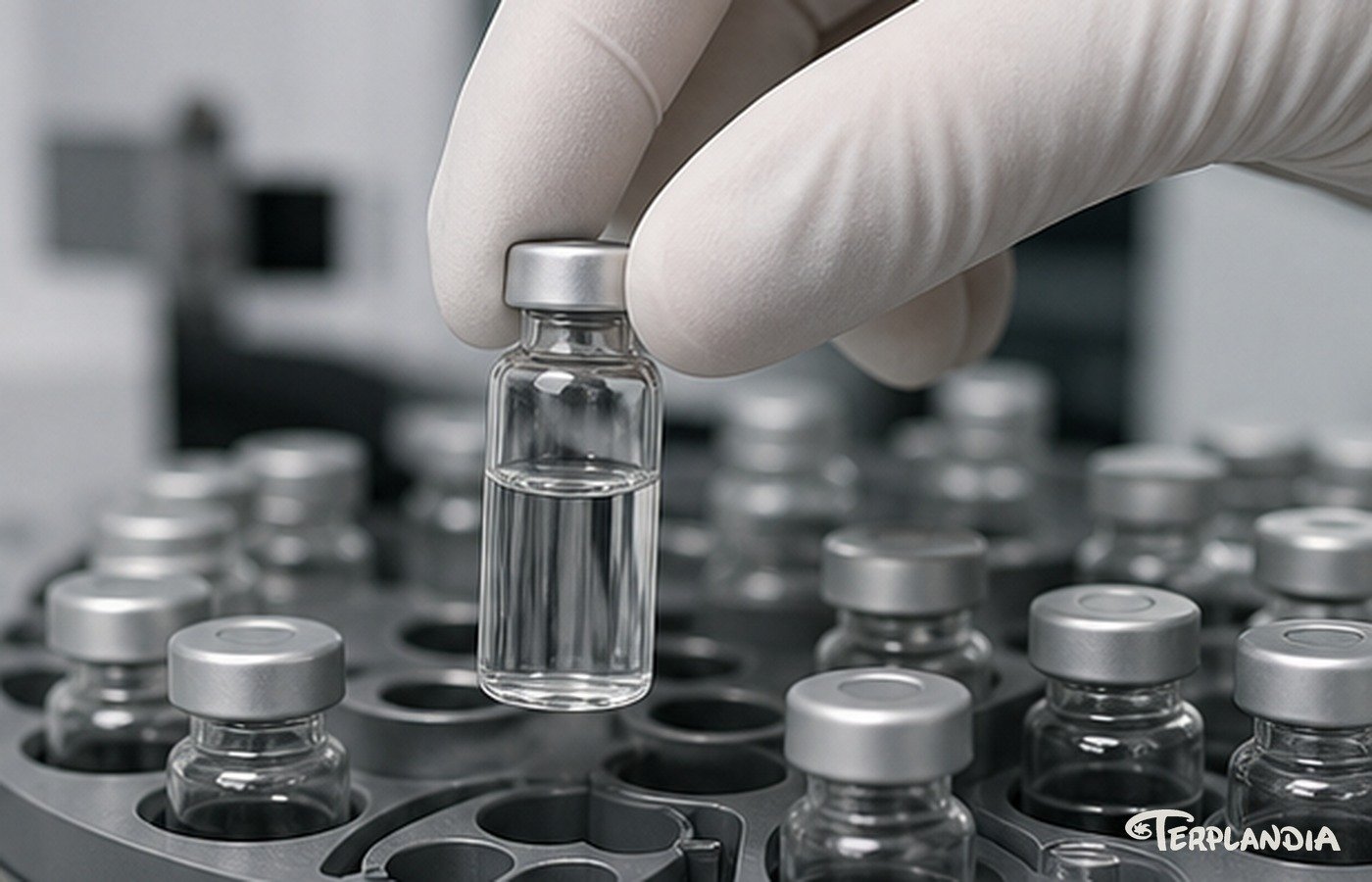Gloved hand placing a clear terpene sample vial into an autosampler tray