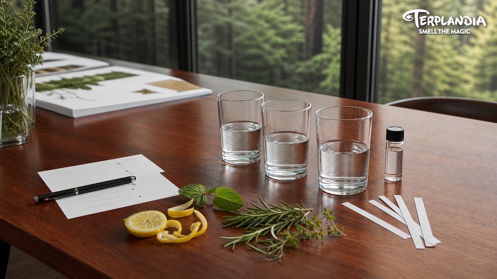 Cannabis beverage buyer review table with transparent prototype glasses, water-clear terpene sample, blank scorecards, citrus, herbs, and scent strips.