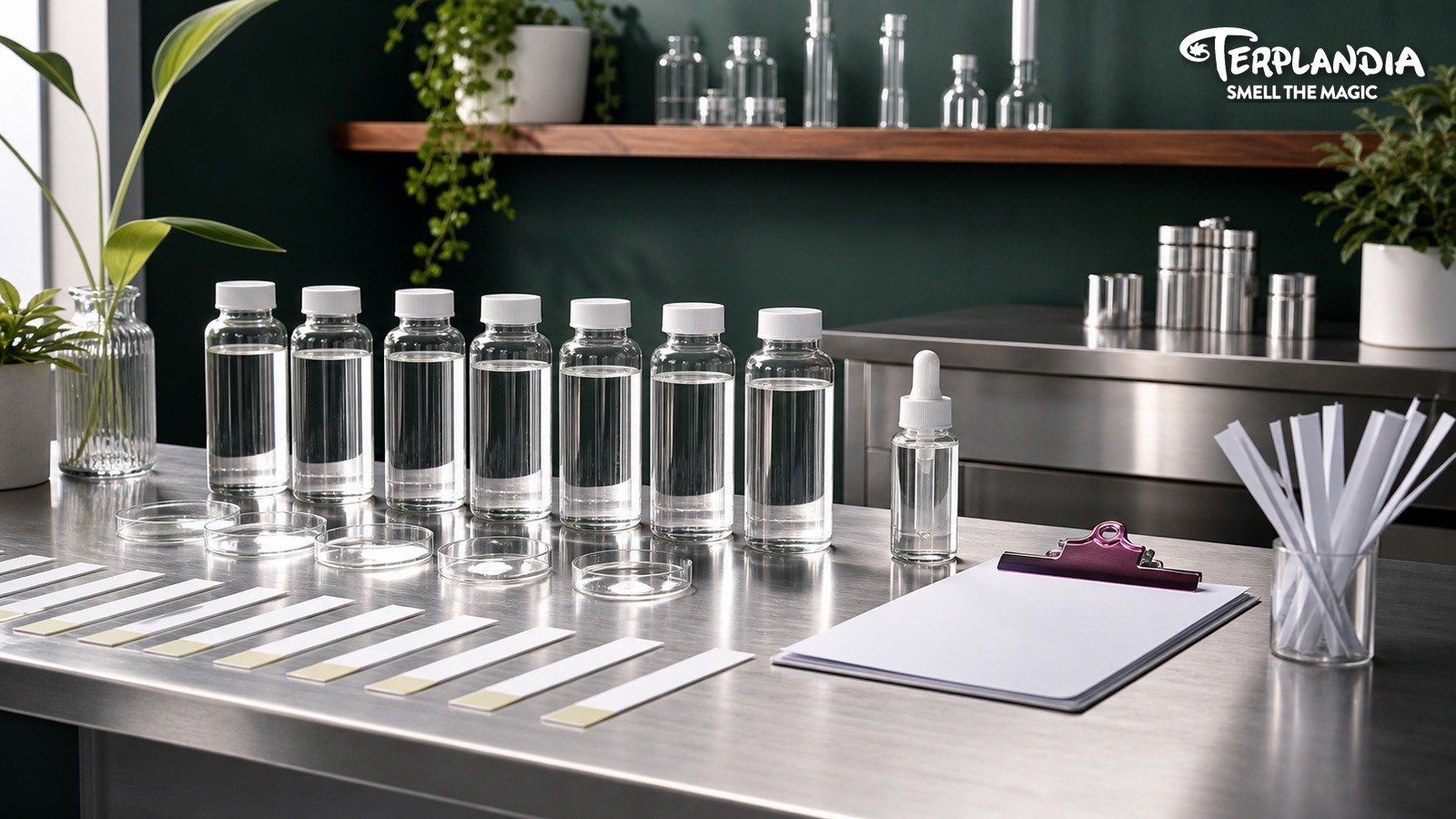 Beverage terpene sample lanes with unbranded clear prototype bottles, water-clear sample vial, and blank co-packer notes.