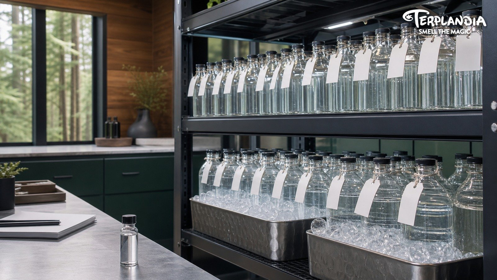 Beverage terpene stability shelf with unbranded clear bottles, blank tags, transparent liquid, and water-clear terpene sample.