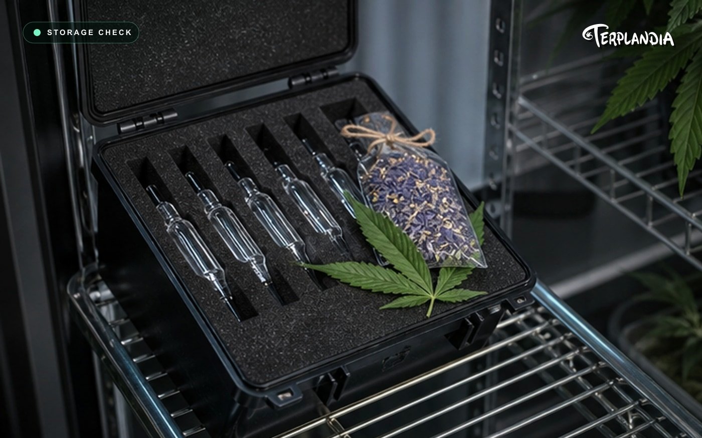 Blue Dream CDT retained sample in a cool Humboldt storage context with clear glass and forest cues.