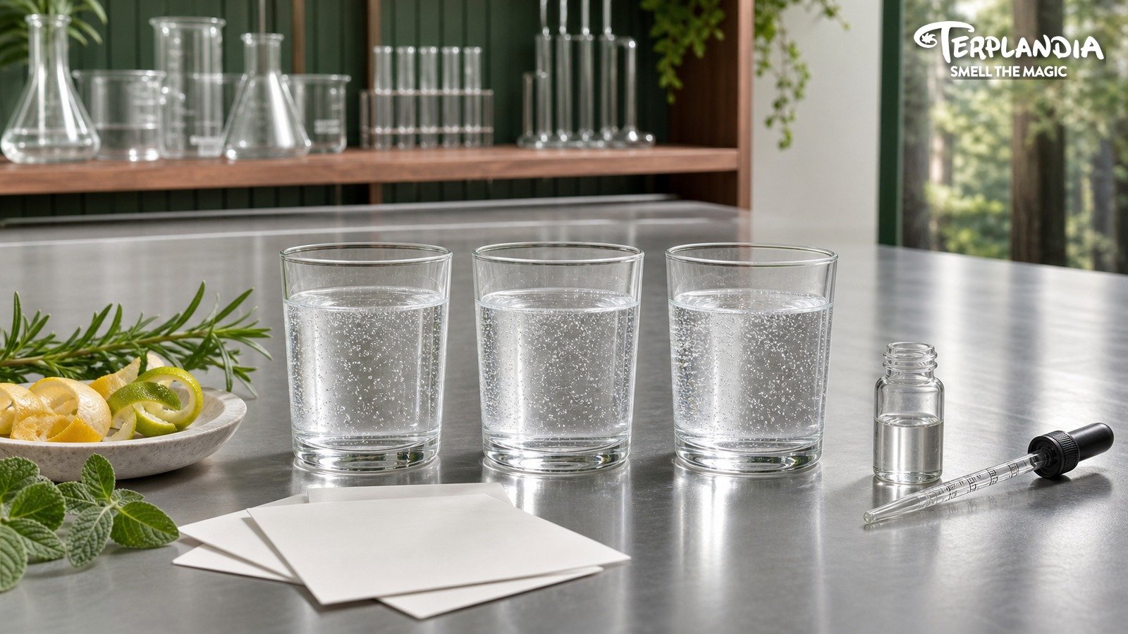 Terplandia cannabis beverage terpene clarity test evaluating flavor clarity in water-clear prototypes with a clear terpene sample.