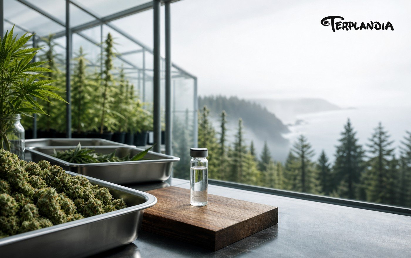 Bulk cannabis-derived terpenes source identification with Humboldt greenhouse biomass and a clear CDT sample vial.