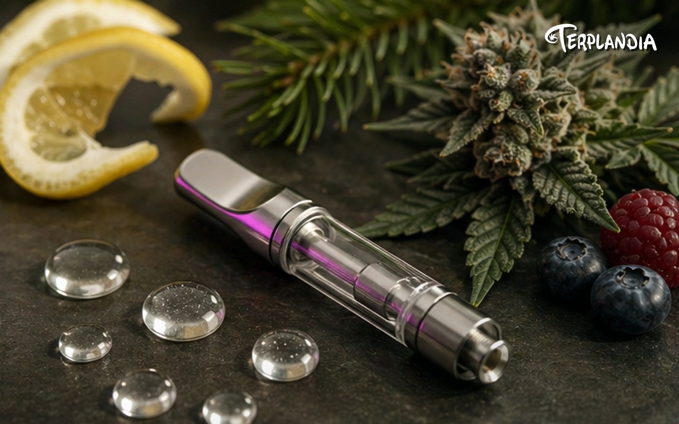 Cannabis product sensory fit visual with clear samples, neutral vape hardware, edible cues, and clean Humboldt lighting.