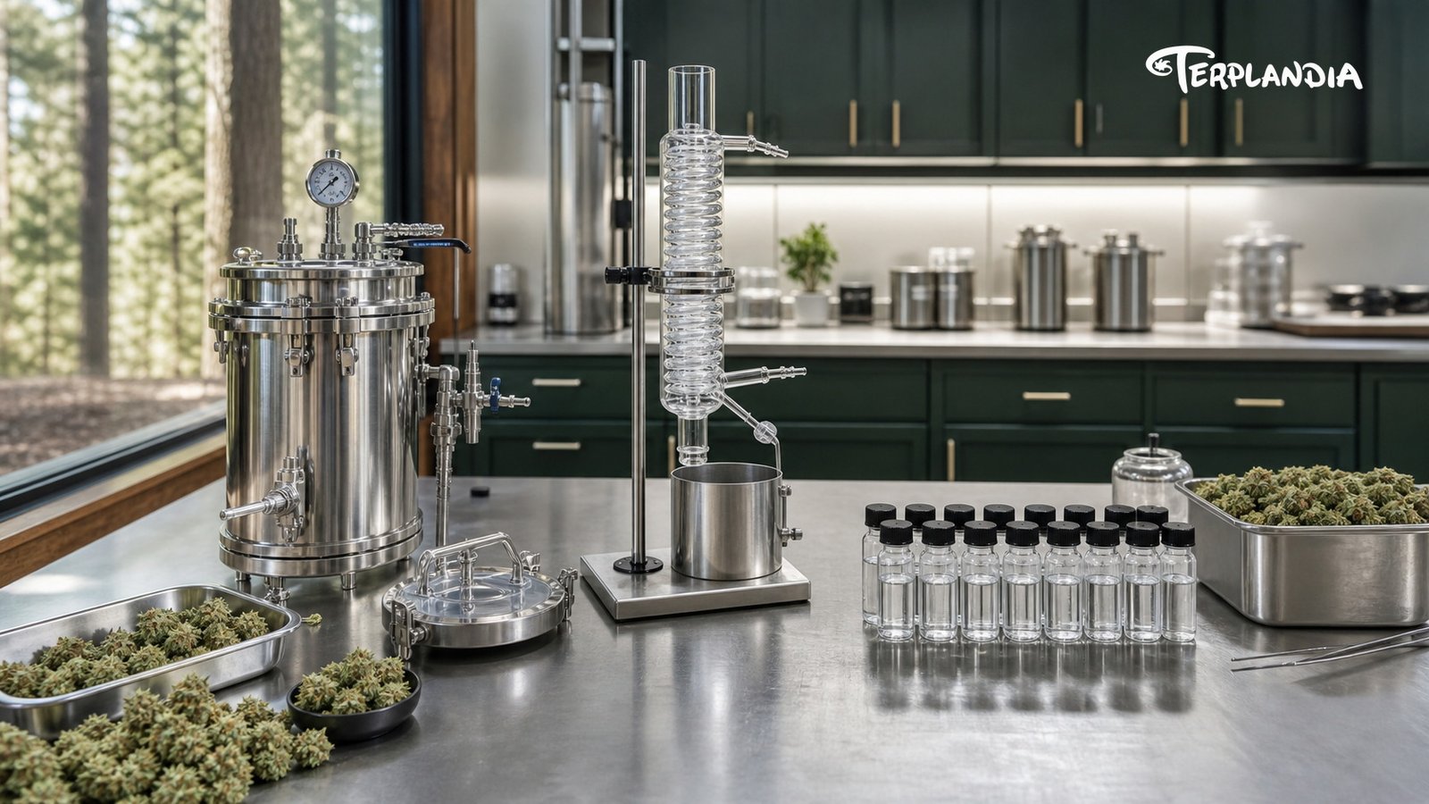 Cannabis terpene extraction paths with water-clear samples, clean distillation equipment, and live flower source material.