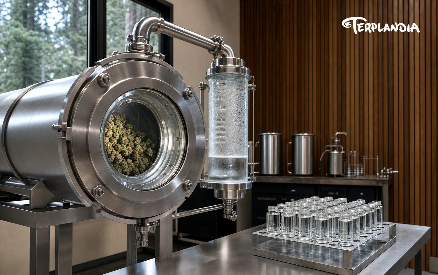 Industrial cannabis terpene extraction equipment with vacuum-style preservation hardware and isolated clear terpene fractions.