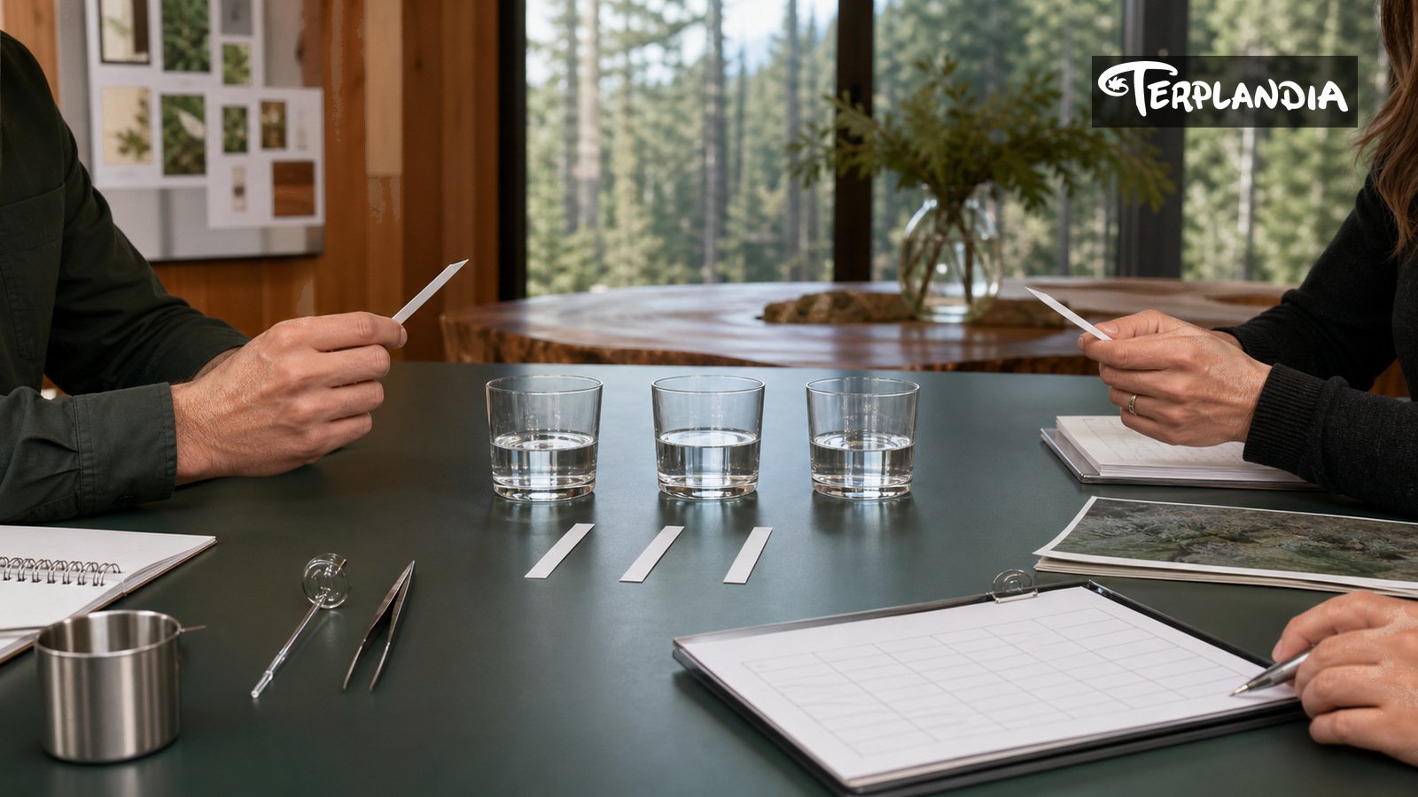 Cannabis brand buyer QA review with water-clear terpene samples, scent strips, and blank scorecards on a Humboldt conference table.