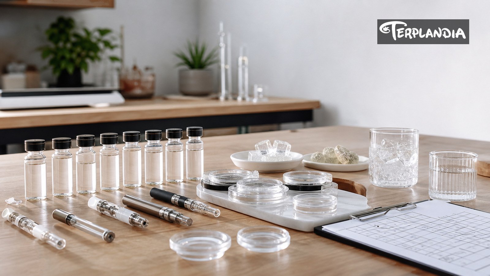 Product-format evaluation table with water-clear terpene samples and neutral cannabis product hardware for 2026 trend testing.