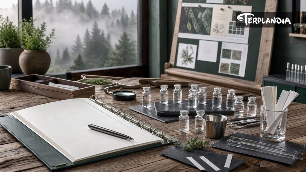 Cannabis terpene trends planning desk with water-clear CDT samples, scent strips, blank planning notes, and Humboldt redwood context.