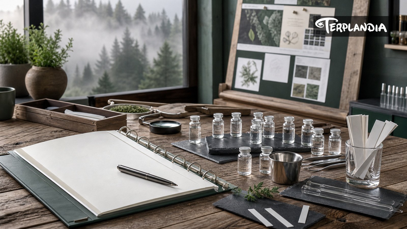 Cannabis terpene trends planning desk with water-clear CDT samples, scent strips, blank planning notes, and Humboldt redwood context.