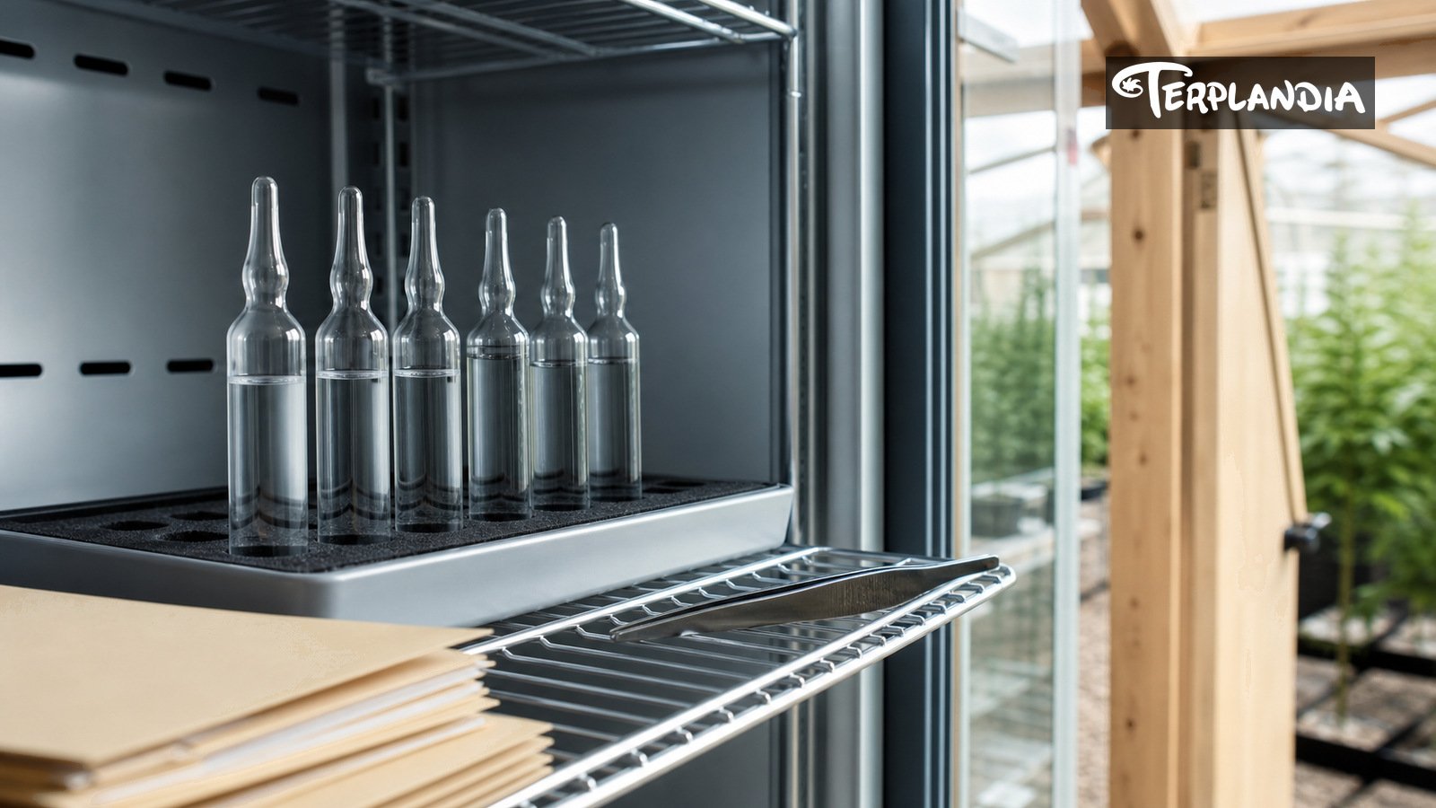 Cool storage handoff with water-clear terpene ampoules and blank batch documentation for cannabis brand QA.