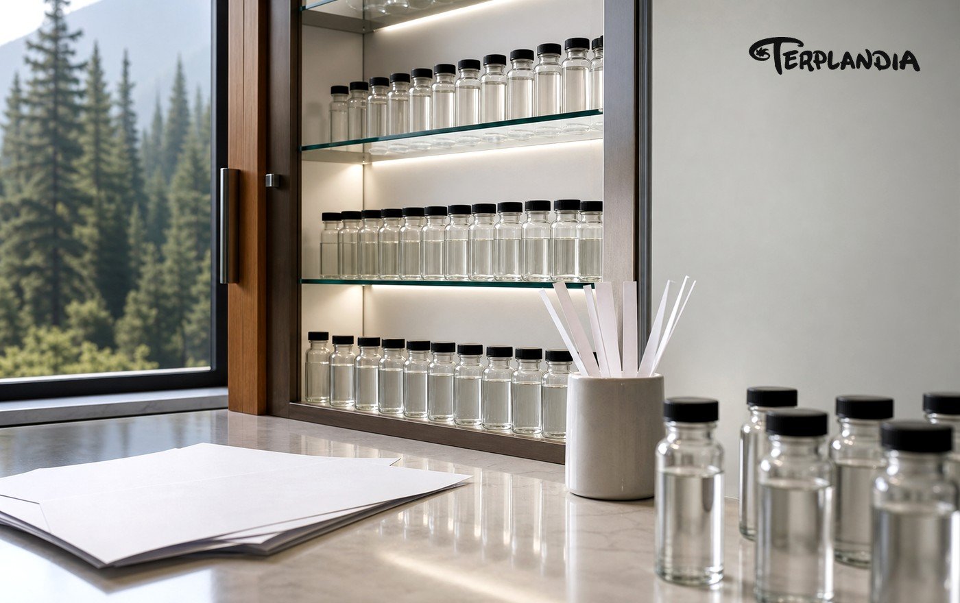 Cannabis-derived terpene retained sample cabinet with clear vials, scent strips, and buyer qualification cues.